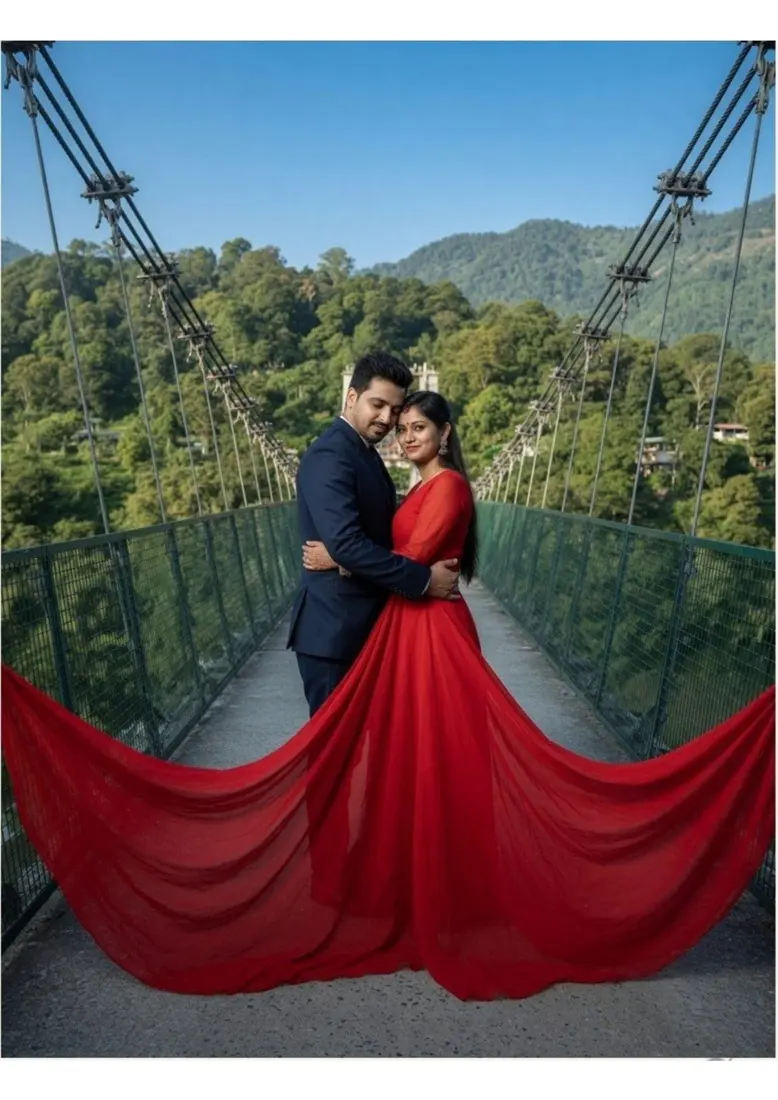 Red gown bridge pre-wedding