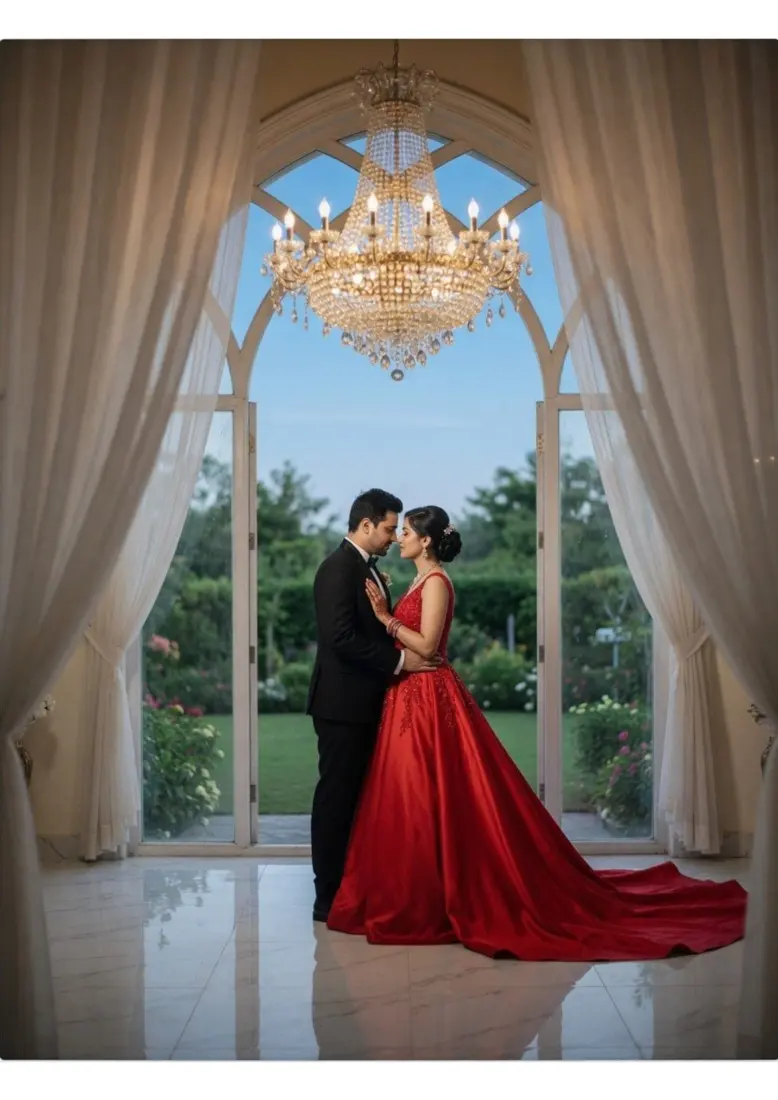 Royal AI pre-wedding couple under a chandelier