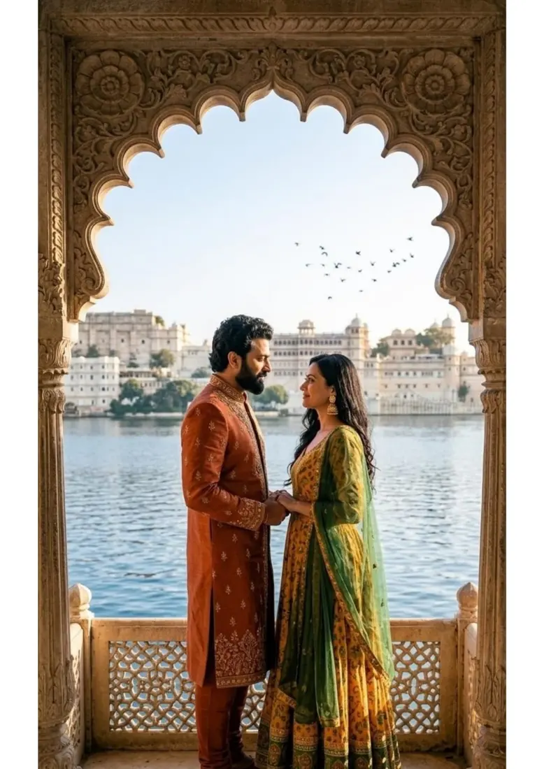 Couple in a Rajasthani palace arch by a lake